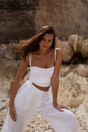 Ruched Side Cami Top & Wide Pants Co-ord - sugar white