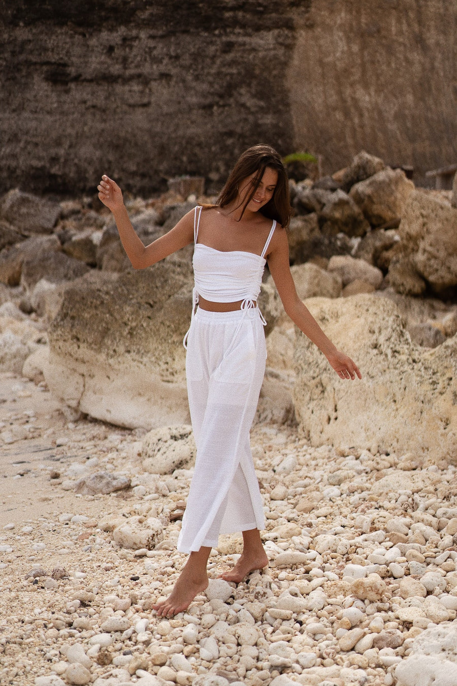 Ruched Side Cami Top & Wide Pants Co-ord - sugar white