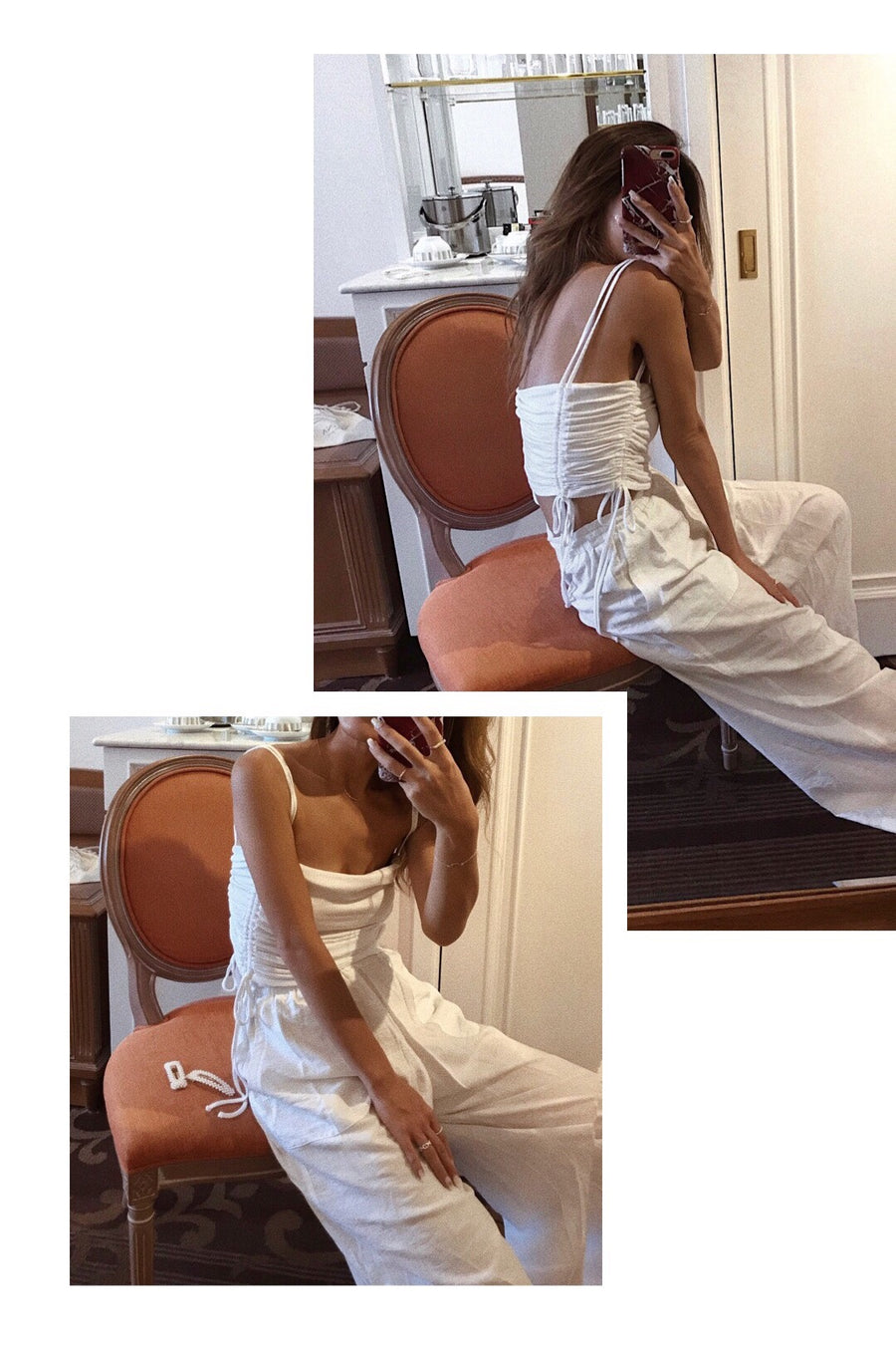 Ruched Side Cami Top & Wide Pants Co-ord - sugar white