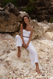 Ruched Side Cami Top & Wide Pants Co-ord - sugar white