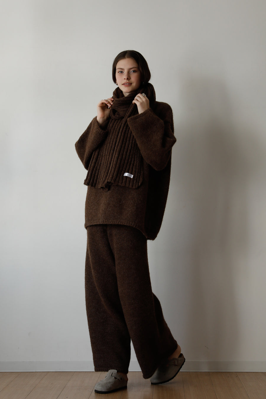 Cozy Knit Three Pieces (scarf, sweater, pants) - brown