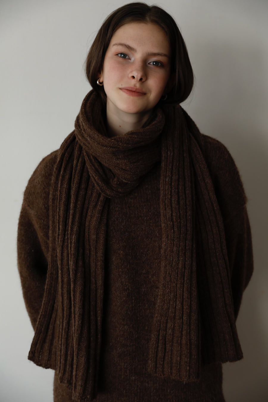 Cozy Knit Three Pieces (scarf, sweater, pants) - brown
