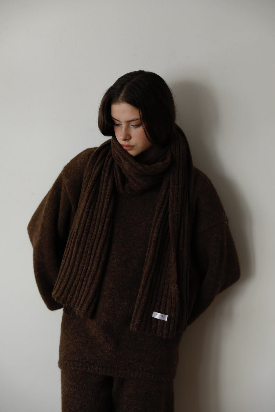 Cozy Knit Three Pieces (scarf, sweater, pants) - brown