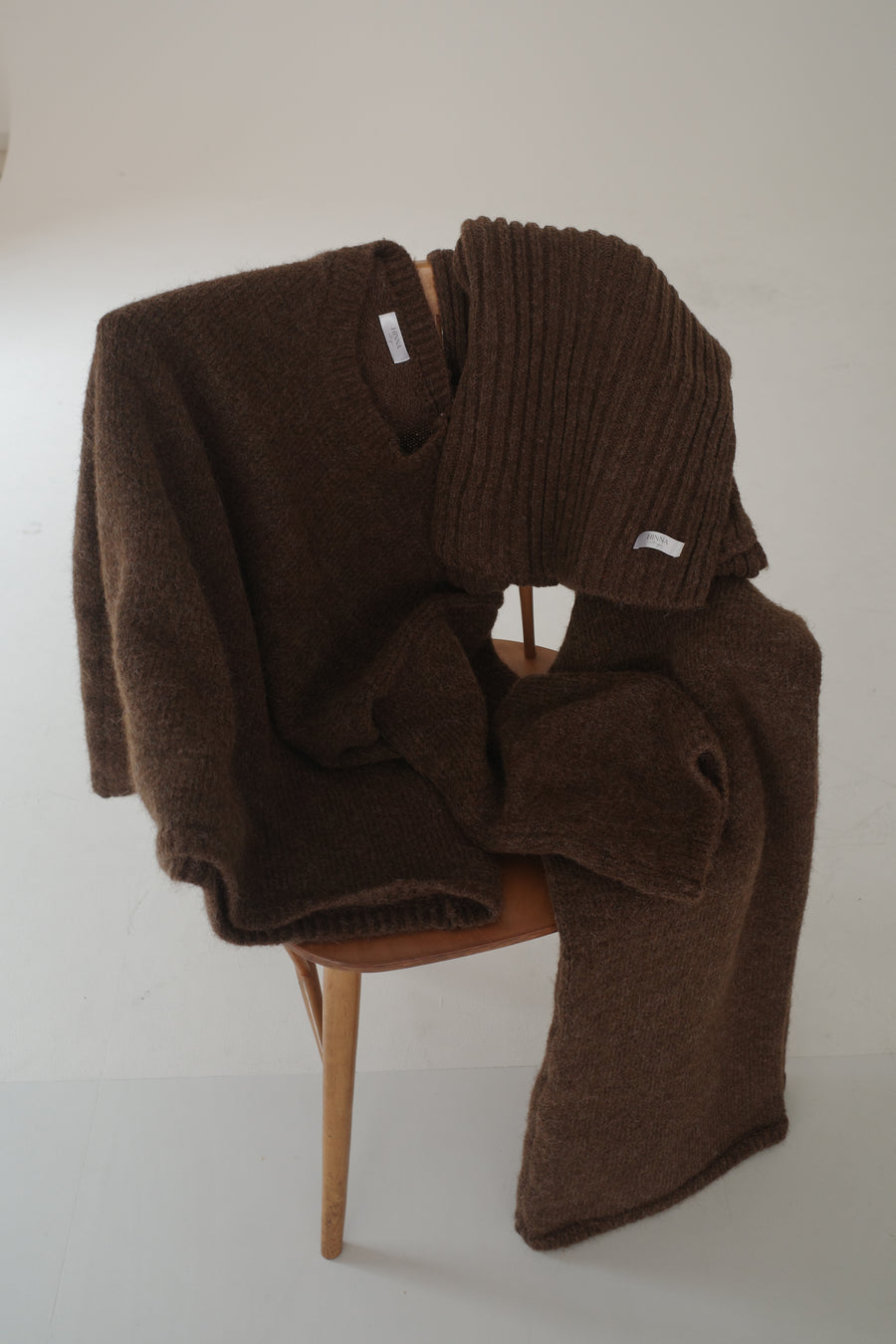Cozy Knit Three Pieces (scarf, sweater, pants) - brown