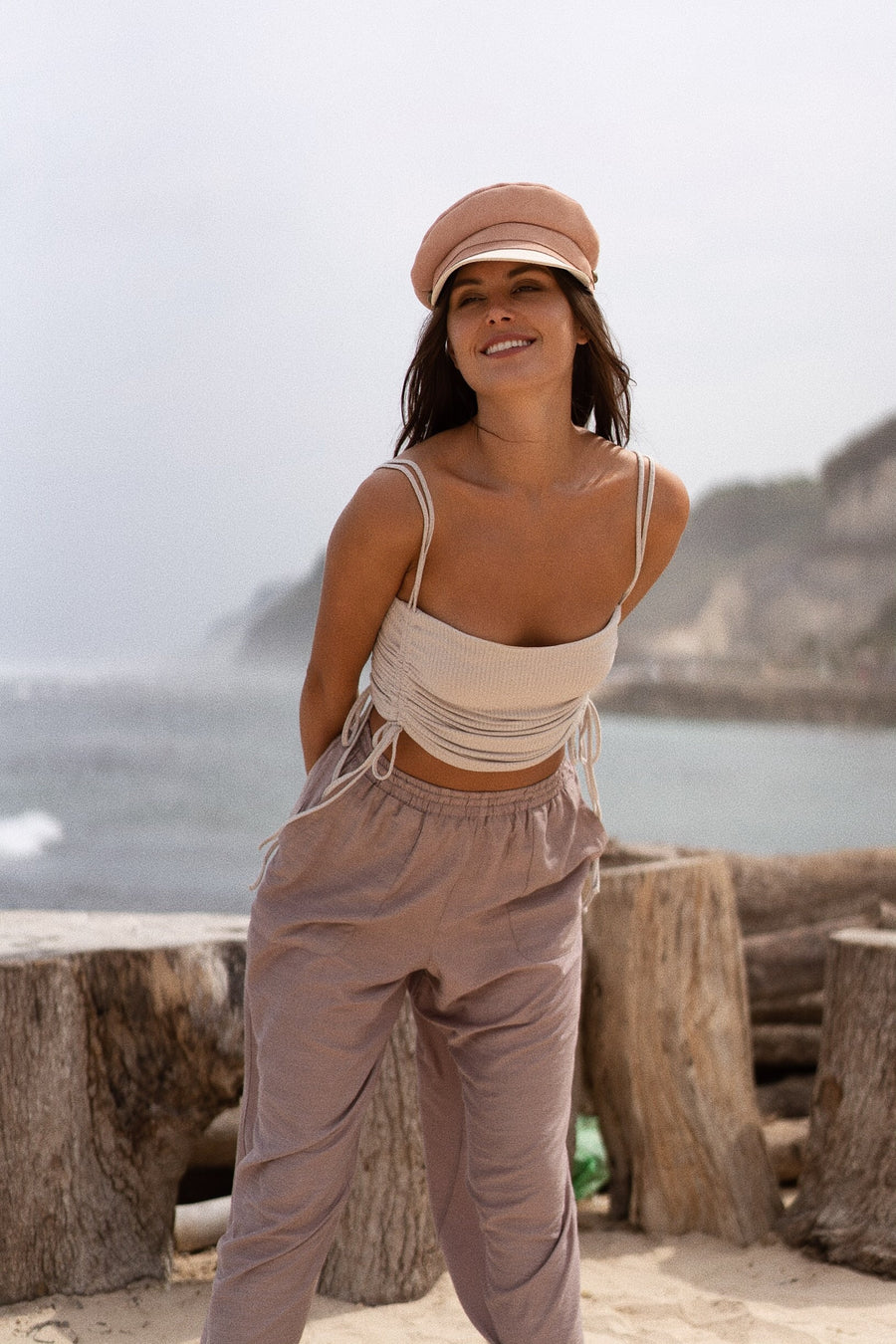 Ensemble caraco froncé et pantalon large - beige sable