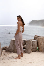Ensemble caraco froncé et pantalon large - beige sable