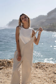 casual linen salopette (MILK TEA)
