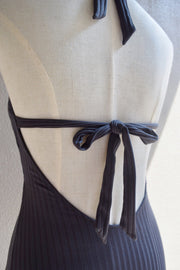 Back ribbon one piece swimwear - navy black